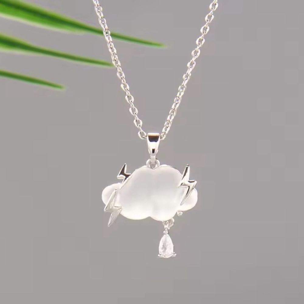 18K White Gold White Opalescent Cloud Lightning Bolts Diamond Rain Drop Necklace - Picture 3 of 6